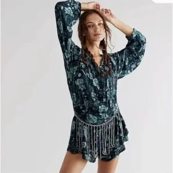 New! Free People Dance ‘Til Dawn Green Black Floral‎ Romper, size S - Picture 1 of 14